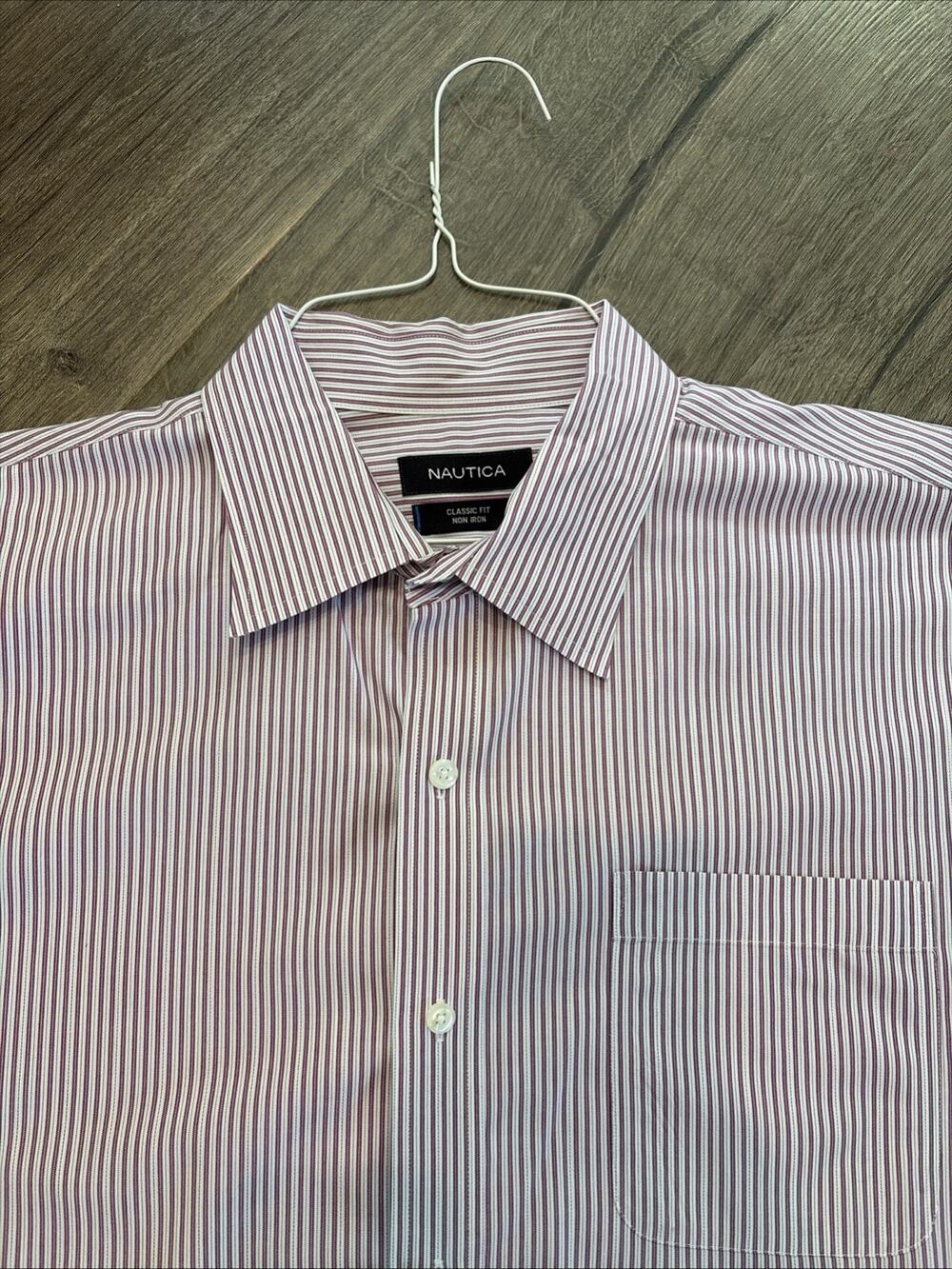 Nautica Mens Button Down Long Sleeve Shirt XL 17.5 34/35 Lavender White Stripe